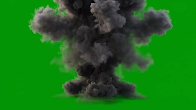 Nuclear explosion mushroom cloud evolving with smoke and fire on green screen background