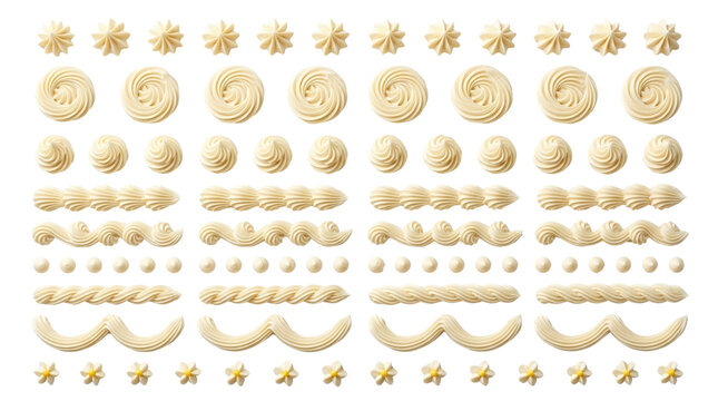 Buttercream frosting swirls and piping set, vanilla whipped cream cake decorations, white icing borders and dollops on white background