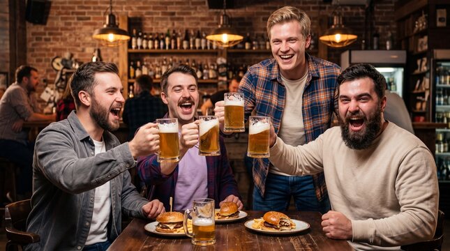 friends, bar, evening, drinks, beers, burgers, celebration, laughter, food, table, cheers, group, fun, dining, socializing, happiness, night, people, camaraderie, gathering, toast, enjoying, smiles, r