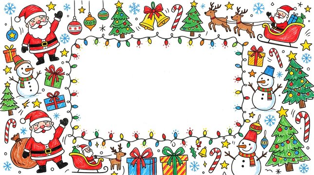 Merry christmas festive border frame with santa claus and decorations christmas reindeer seasonal