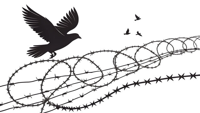 Black bird flying over barbed wire fence, minimalist vector illustration of freedom concept.