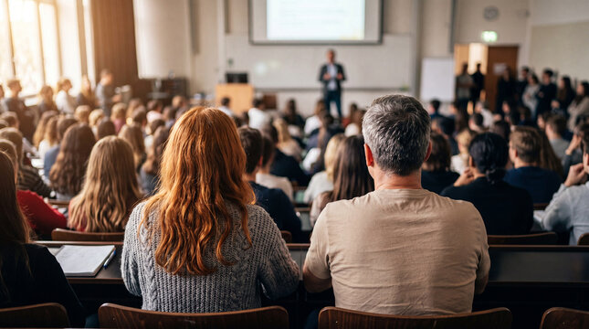 Students attend a lecture in a large classroom at a university during the daytime with a speaker at the front