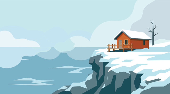 Cozy mountain cabin on snowy cliff edge minimalist flat vector illustration for winter vacation and tourism branding