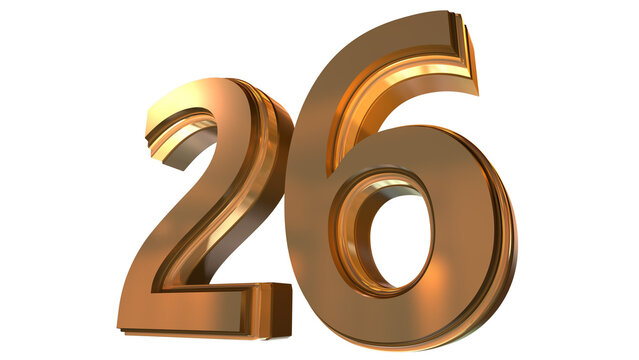 Gold 3D Number 26 Luxury Metallic Golden Numeral