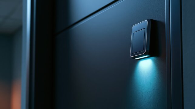 Low angle looking up at a badge reader mounted at hip height in soft cinematic light