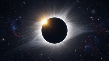 Fototapeta premium Total Solar Eclipse with Bright Diamond Ring Effect and Detailed Solar Corona in Deep Space Starry Galaxy Background for Astronomy Science Discovery