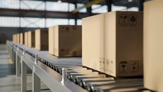 Side Profile Of A Heavy-Duty Roller Conveyor System Showcasing Large Blank Double-Walled Cardboard Boxes In A Warehouse Setting