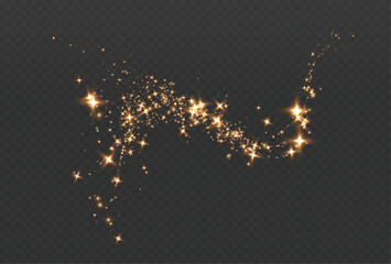 Gold sparkling dust wave with glowing light streaks tiny golden particles and twirling star effects overlay element for elegant decorative and festive design use dark background waves © Andrey