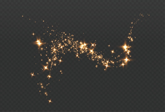 Gold sparkling dust wave with glowing light streaks tiny golden particles and twirling star effects overlay element for elegant decorative and festive design use dark background waves