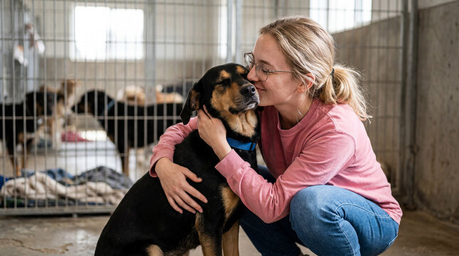 Volunteer interacts with dog at animal shelter during adoption event in the afternoon
