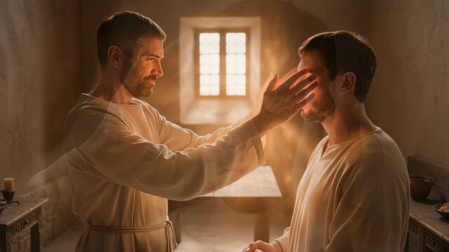 Spiritual Healer Man Offering Divine Touch for Renewal and Inner Peace in Ancient Setting for Religious Websites, Faith-Based Content, and Inspirational Footage