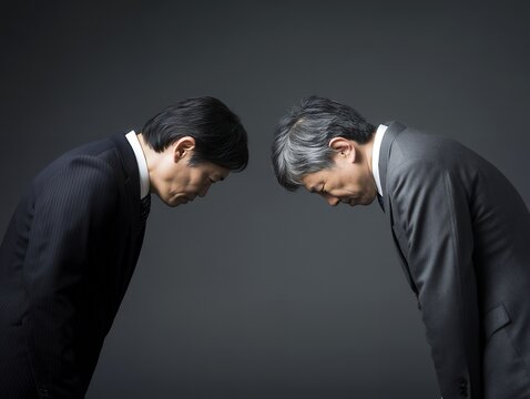 謝罪の意を込めて深く頭を下げるスーツ姿のビジネスマンとグレーのスーツを着た上司