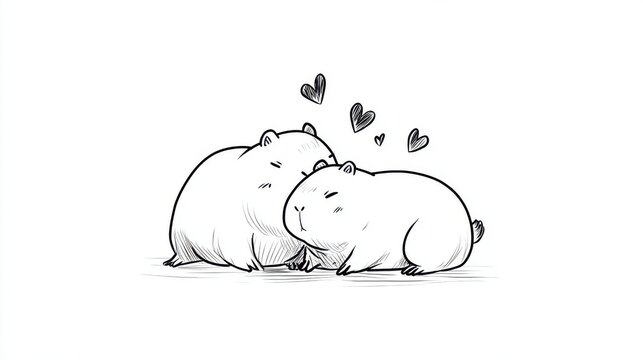 Adorable cartoon capybaras cuddling with hearts, symbolizing love and friendship. Two cute capybaras are shown in a tender embrace, surrounded by small hearts, conveying warmth and affection