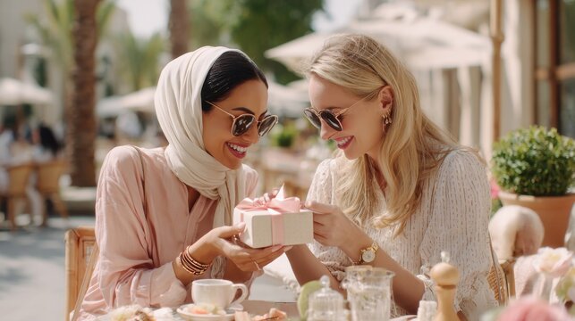 Two smiling women sharing a gift outdoors at a cafe with palm trees. A woman in a hijab and a blonde woman exchange a present while sitting at an outdoor cafe table with drinks and food