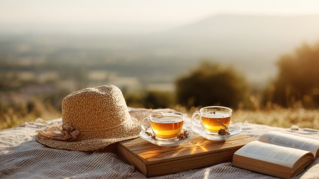 Cozy picnic with herbal tea and a book on a sunny day. Enjoying a peaceful moment outdoors with aromatic herbal infusions and a good read amidst nature's beauty