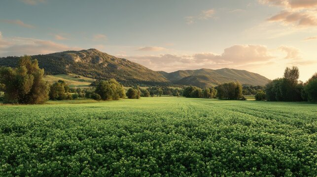 Vast green field stretches towards rolling hills and mountains under a soft sky. A serene landscape unfolds with a lush green meadow leading to forested mountains bathed in warm glow of sunset light