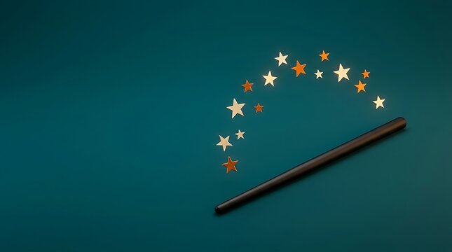 A magic wand casting a trail of glowing sparkling stars against a deep teal blue background