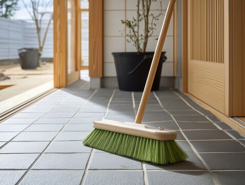 木目調の和風な玄関先で掃除用具のほうきを使いタイル床を綺麗に掃除する日常の風景