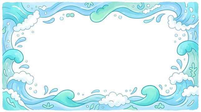 Ocean wave decorative border frame with splashing blue water background illustration
