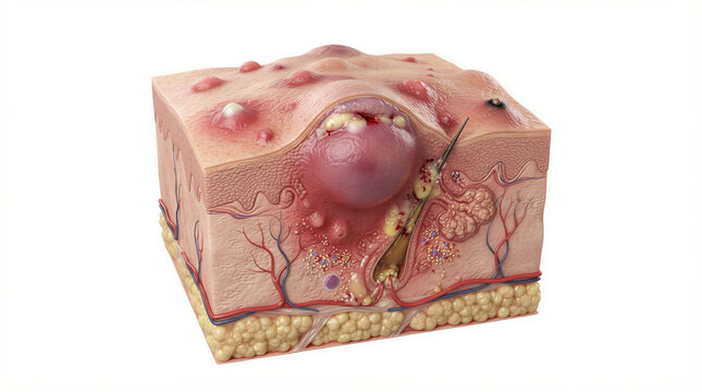 Acne Vulgaris Cross section A detailed anatomical model illustrates the subcutaneous layers of human skin affected by acne showing inflamed pores pustules and sebaceous glands