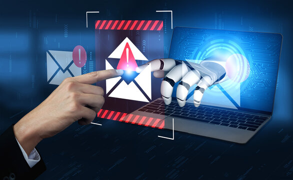 A hand engages with a virtual email alert on a laptop, representing modern cybersecurity issues and the importance of protecting digital communication. Gantry