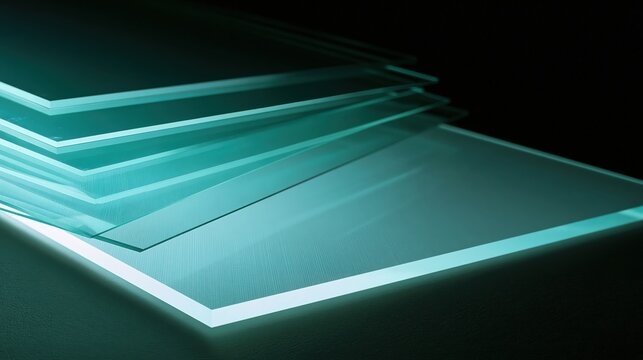 Six translucent sheets of tinted film layered at slight offset in soft cinematic light