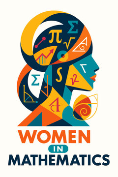 women in mathematics stem education logo female scientist head profile math symbols geometry calculus algebra science empowerment poster graphic print design artwork style
