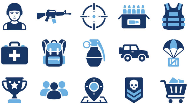 Action game assets and user interface icons with tactical backpack parachute