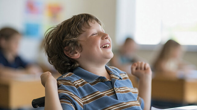 Child smiles in classroom during a lesson while other students are working at their desks