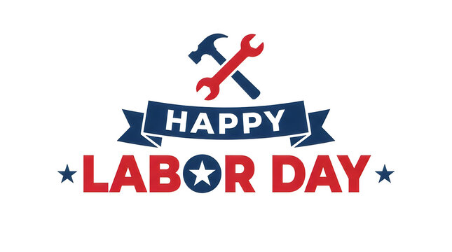 Happy labor day greeting card design with crossed hammer and wrench tools on a white background