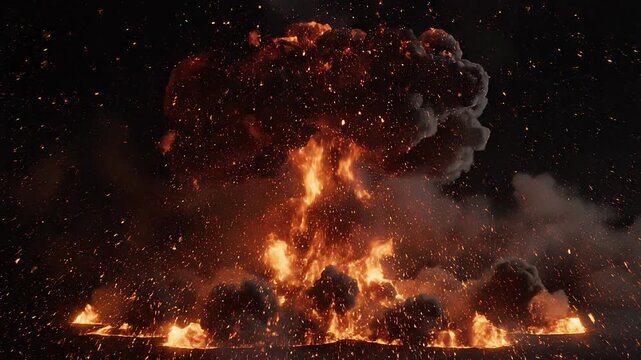 Nuclear explosion unfolding in dark space with fiery mushroom cloud and debris during a devastating impact