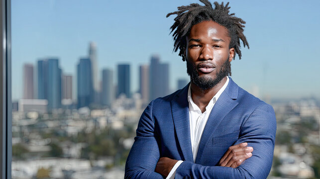 Businessman poses in front of Los Angeles skyline during daytime with arms crossed