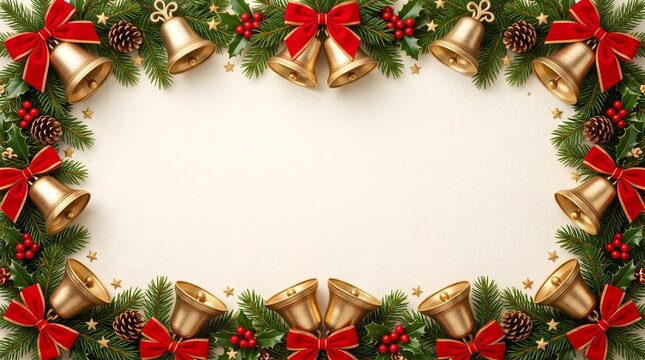 Christmas holiday frame border with golden bells and festive pine foliage christmas decoration