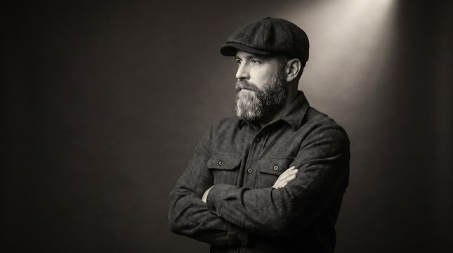 Portrait of a bearded man in a flat cap and shirt standing with arms crossed in studio.