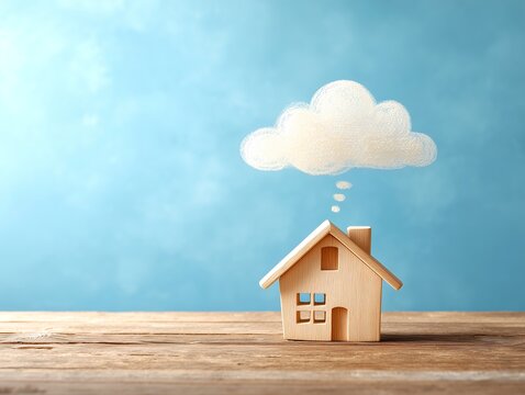 木製の家のオブジェから雲の吹き出しが出て空想や理想のマイホームをイメージする様子