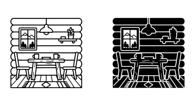 Cozy Log Cabin Interior, Rustic Dining Room Scene, Black and White Vector Icons