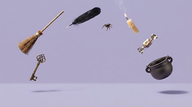 Floating magical witch items including a broomstick cauldron key and potion bottles on a soft purple background