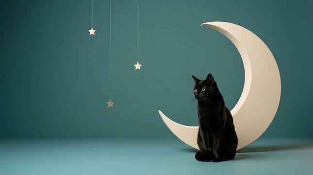 A beautiful black cat sitting in front of a decorative crescent moon prop against a teal background