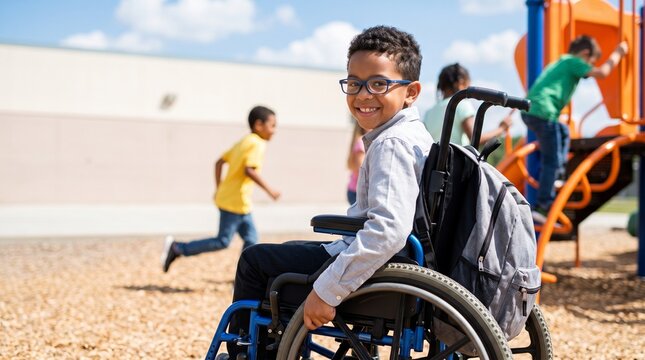 Happy Boy In Wheelchair Smiling At School Playground With Friends Playing