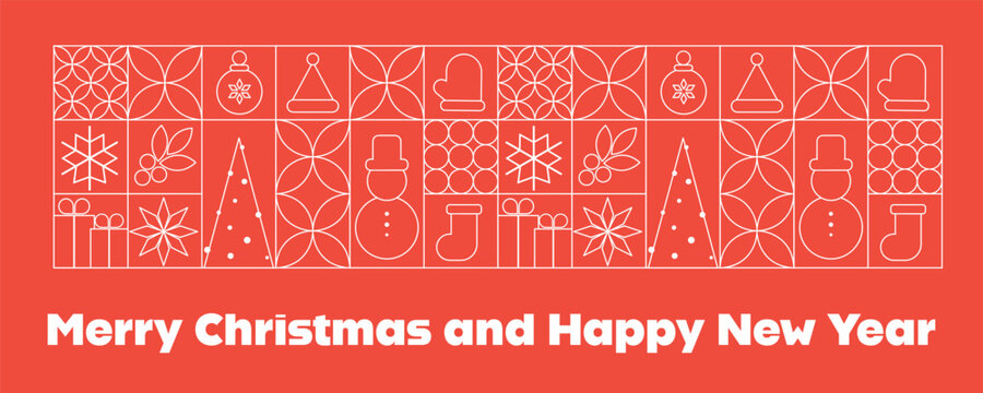 Merry Christmas Happy New Year banner template featuring line art holiday icon grid pattern with winter celebration elements