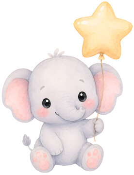 Cute watercolor baby elephant holding yellow star balloon transparent clipart elevates kids birthday party invitations, delivering a sweet whimsical hand painted nursery illustration