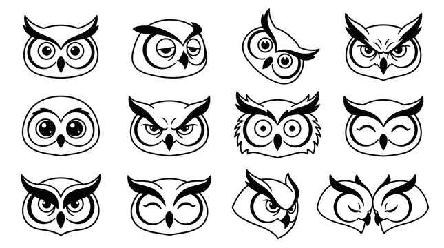 Collection of stylized owl faces in simple line art, diverse expressions and head tilts, suitable for icons and graphic elements