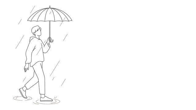 Minimalist vector illustration of man walking with umbrella in rain. Outline style male figure holding parasol outdoors. Wet weather concept line art on white background.