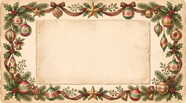 Vintage christmas ornament border frame with retro baubles and pine branches christmas ornament