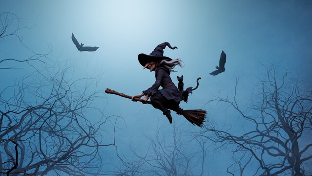 witch flies on a broomstick across a dark sky filled with bats. Twisted trees are visible below, and the scene takes place at night. atmosphere is mysterious and magical. 3d render