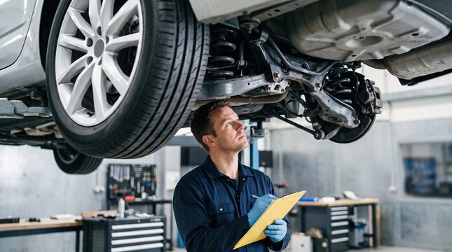 A mechanic inspects the undercarriage of a vehicle lifted on a hydraulic hoist while holding a clipboard. Tools are visible in the background