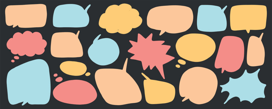 Handdrawn speech bubble collection with empty thought cloud and chat frame elements for graphic messaging concept design