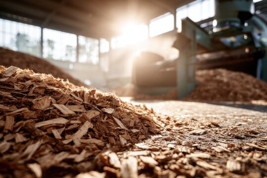Close-up of wood chips and sawdust pile inside an industrial woodworking factory. Large processing machinery in the blurred background. Concept of timber manufacturing and biomass energy. Banner
