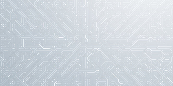 Intricate white circuit board background pattern with complex geometric data paths for cyber security and network design.