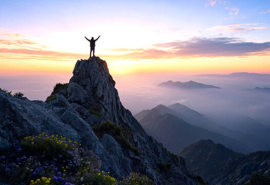 Silhouette of a person standing on a mountain peak with raised arms at sunrise